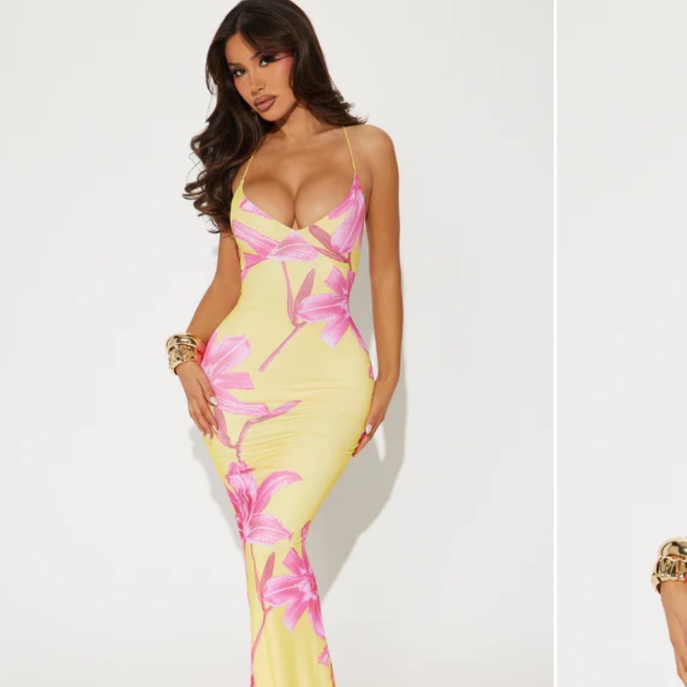 Fashion Nova Yellow Bodycon Maxi Dress Plunge Neckline
